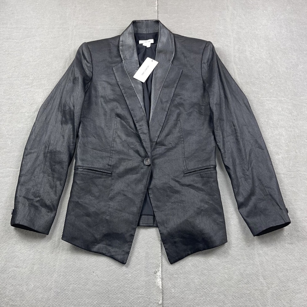 Helmut Lang Blazer Womens 0 Black Leather Trim Linen Blend‎ Jacket SW-JK520 New